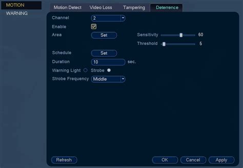 Lorex deterrence settings - To configure automatic deterrence using recorder: In live view, right-click and click Main Menu. Log in using the system user name (default: admin) and password. Click and select Setting. Click Event > Motion > Deterrence. Select the channel of the deterrence camera to configure next to Camera.